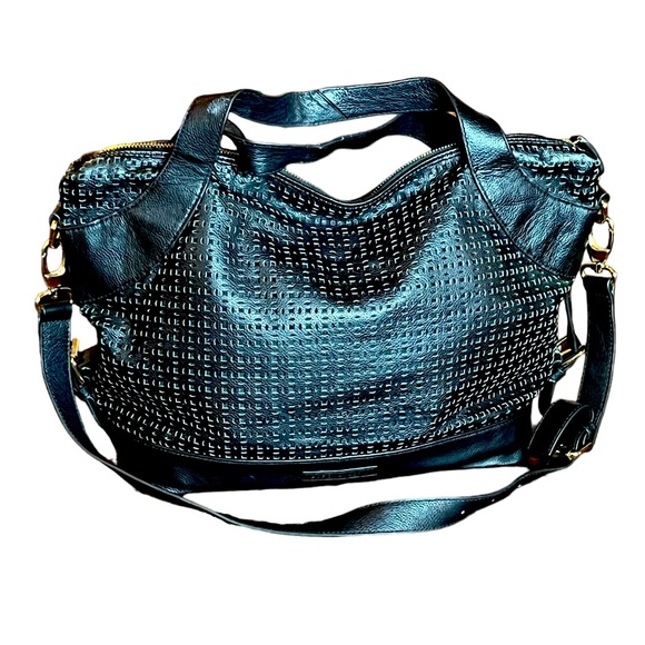 BCBGMaxAzria Handbags - BCBGMAXAZRIA BLACK LEATHER PUNCH OUT PATTERN SHOULDER BAG GOOD CONDITION